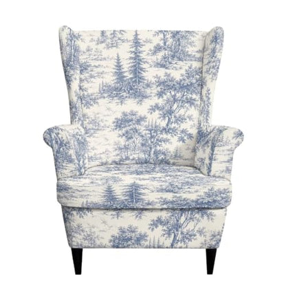 Blue Toile De Jouy Wingback Chair Slipcover Set - Stretch Washable Armchair Protector
