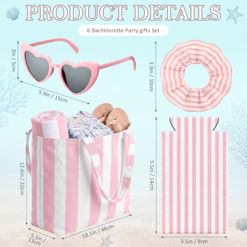 Pink Beach Party Favor Set - Striped Tote Bags, Towels, Heart Sunglasses, Can Sleeves & Hair Scrunchies