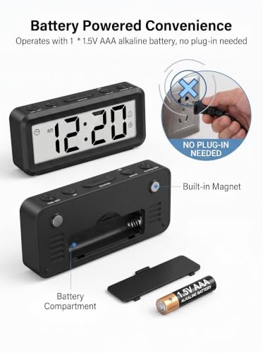 Mini Digital Alarm Clock with Dual Alarms Battery Operated - Black