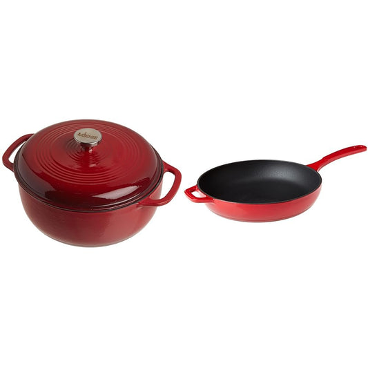 Lodge 6 Quart Enameled Cast Iron Dutch Oven with Lid and Dual Handles, Lodge Enameled Cast Iron Skillet, 11-inch, Island Spice Red Bundle