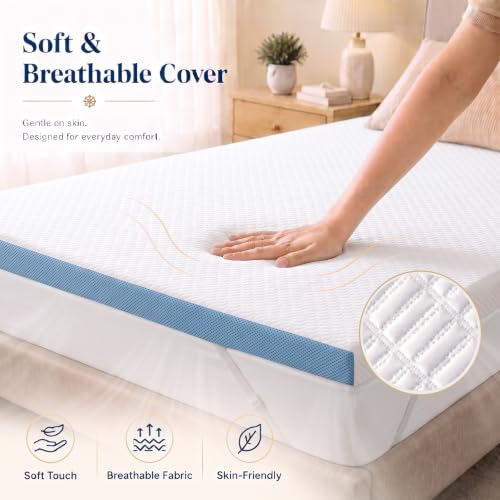 Blue King Size Gel Memory Foam Mattress Topper - 3 Inch Cooling Removable Cover