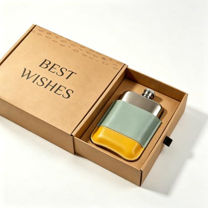 Yellow-Green 6oz Stainless Steel Hip Flask with Color-Block PU Cover - Portable Leakproof Liquor & Travel Flask