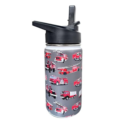 Fire Truck Kids Water Bottle for School with Straw Lid,12oz Stainless Steel Insulated Water Bottle for Boys & Girls,Leak Proof Lid with Handle & Touch Free Spout (A04)