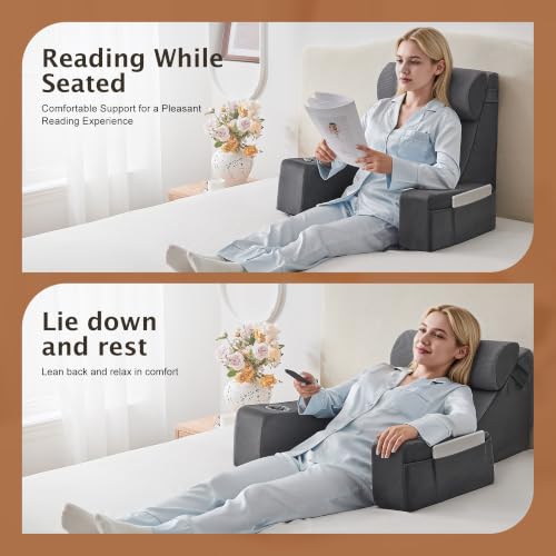 Reading Pillow for Bed with Armrests, Cup Holder & Pockets, Back Support Cushion
