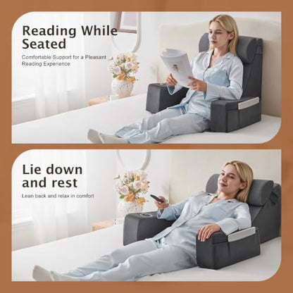 Reading Pillow for Bed with Armrests, Cup Holder & Pockets, Back Support Cushion