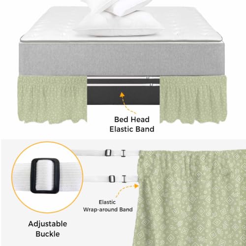 Queen Size Adjustable Elastic Bed Skirt with 16-Inch Drop Sage Green Paisley