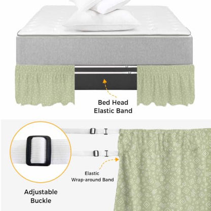 Queen Size Adjustable Elastic Bed Skirt with 16-Inch Drop Sage Green Paisley