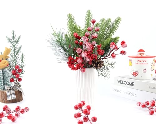 30 Pack Frosted Red Berry Stems for Christmas Decor and Crafts - 8.9 Inch