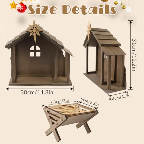 Wooden Nativity Scene Stable with Star & Lights - Christmas Decor 12"