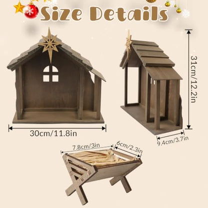 Wooden Nativity Scene Stable with Star & Lights - Christmas Decor 12"