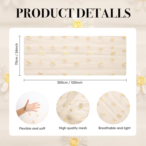 Beige Apricot Daisy Gauze Embroidery Table Runner 120 Inch for Dining & Holiday Decor
