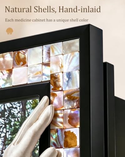 Natural Shell Inlay Bathroom Medicine Cabinet with Mirror - Reversible Wall Mount, 3 Shelves