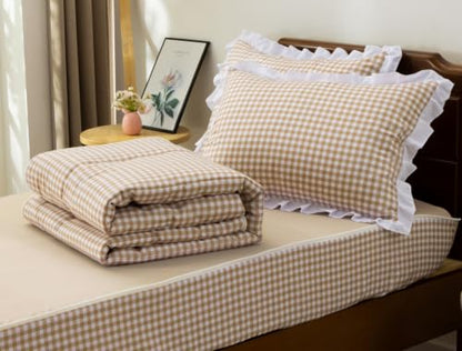 Girls Full Plaid Zipper Bedding Set - Khaki with Ruffle Details