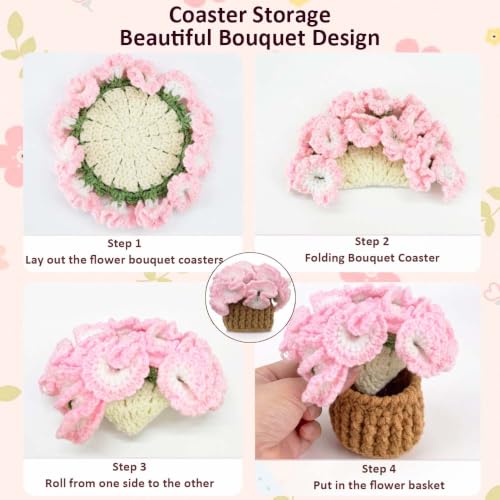 Pink Carnations Crochet Coaster Set - Potted Flower Decor, Handmade