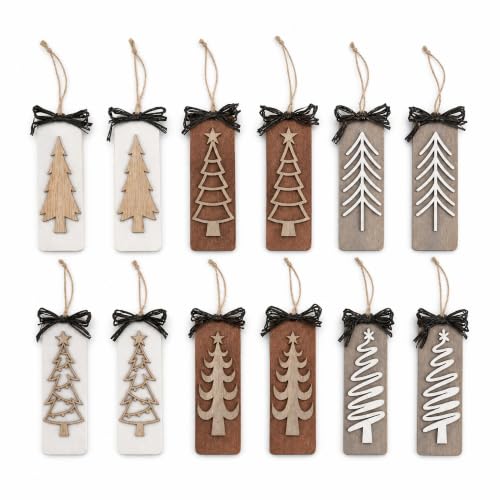 12 Pack Wooden Christmas Tree Ornaments - Rustic Farmhouse Holiday Decor