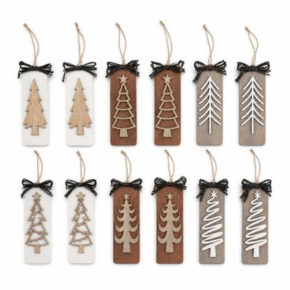 12 Pack Wooden Christmas Tree Ornaments - Rustic Farmhouse Holiday Decor
