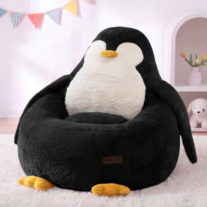 Kids Bean Bag Chair with Penguin Backrest - Black, Standard Size