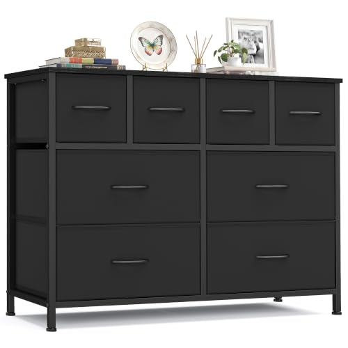 SONGMICS Ink Black Wide Dresser with 8 Fabric Drawers and Steel Frame - 11.8"D x 38.9"W x 29.4"H