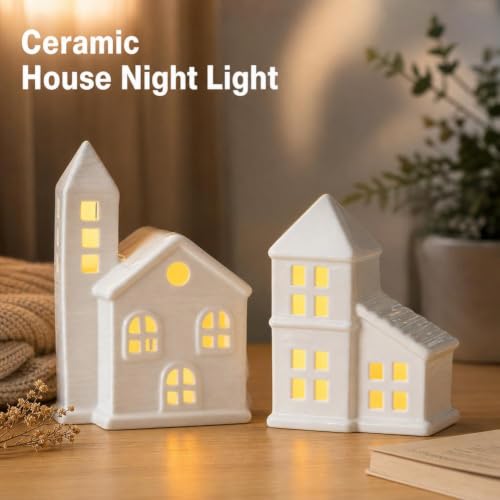 Ceramic Christmas Village Houses Set with LED Lights, Miniature Trees & Snow - G# / 1pcs