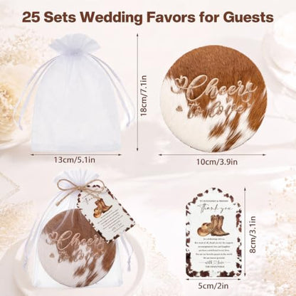 Natural Leather Cowhide Coasters Wedding Favors Set with Organza Bags & Thank You Cards