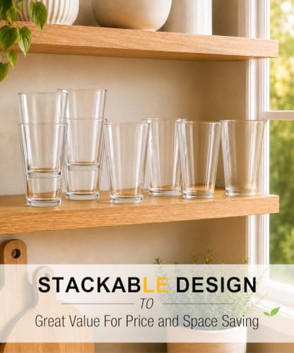 16oz Drinking Glasses Set of 8 - Stackable Heavy Base Water Cups
