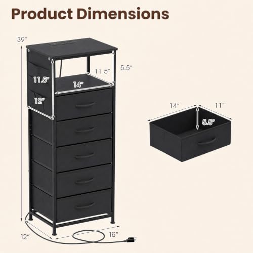 GIANTEX 39" Bedside Table with Integrated Charging Station - Black, 5-Drawer