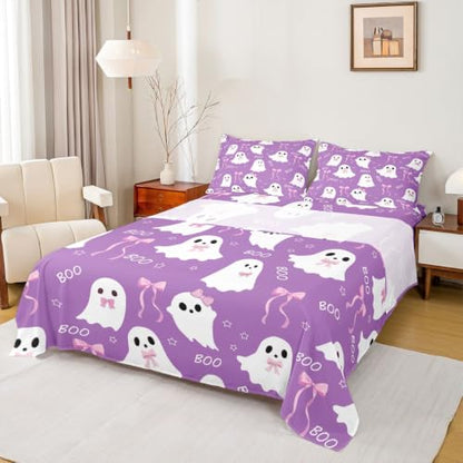 Kids Bed Sheets Full Size Ghost Themed Bedding Set Purple Pink White 44 Inch