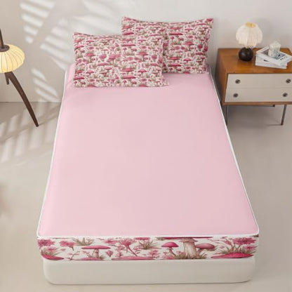 Pink Mushroom Full Bedding Set with Zipper Comforter & Sheets - Girls & Women, Variation of Pink White