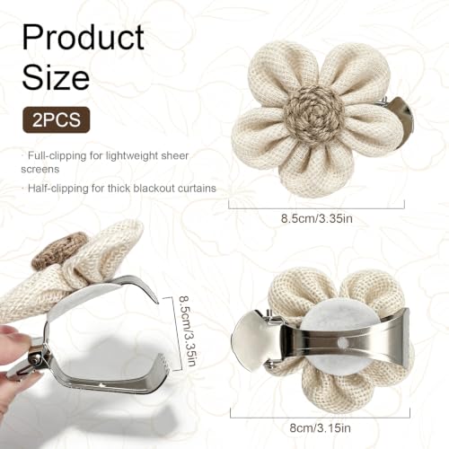 Rustic Boho Curtain Tiebacks & Flower Clips, 2 Pack for Sheer & Light Curtains