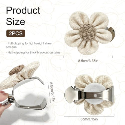 Rustic Boho Curtain Tiebacks & Flower Clips, 2 Pack for Sheer & Light Curtains