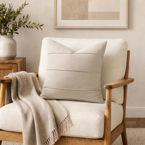 20x20 Linen Throw Pillow Covers Set of 2 Natural Beige Striped Rustic Decor