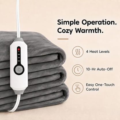 Pale Gray Electric Heated Blanket Full Size 72x84 Flannel with 4 Heat Settings & Auto Shutoff