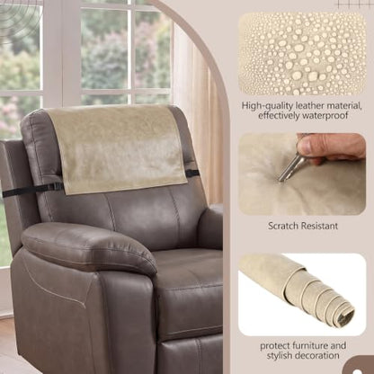 Beige Non Slip Recliner Headrest Cover 17x27 Inch Waterproof Leather Protector