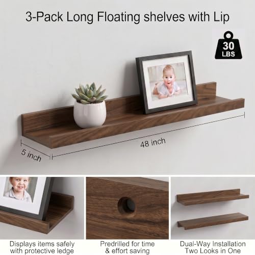 Floating Wall Shelves with Front Lip - 48 Inch Black Walnut, Set of 3