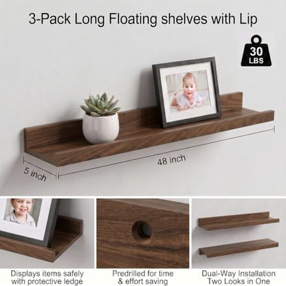 Floating Wall Shelves with Front Lip - 48 Inch Black Walnut, Set of 3