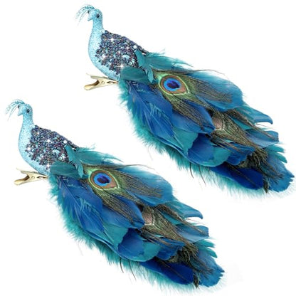 2 Pack Peacock Christmas Tree Ornaments Long Tail Feather Glitter Bird Decorations Classic Style