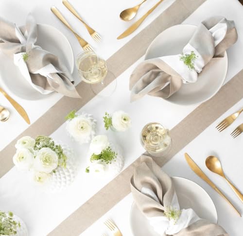 Natural & White Linen Table Runner 14 x 72 Inches - Solino Home