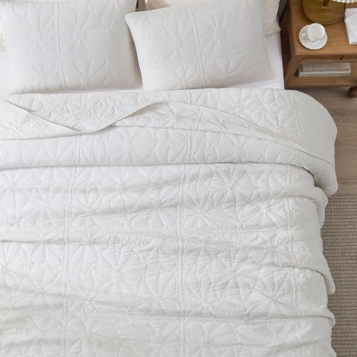 Queen Size Cotton Quilt Set with Floral Stitching - Bright White, 100% Cotton