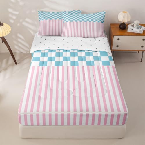 Gingham Striped Comforter Set Pink Blue White Full Size Bedding with Zipper