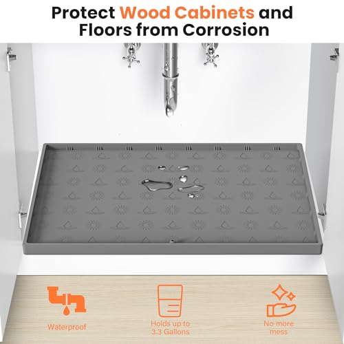 Doasuwish Under Sink Mat 28"x22",Waterproof Silicone Kitchen Sink Mat with Drain Spout,Multiple Uses Shelf Liner Drip Tray, Under Sink Organizer Protector for Kitchen and Bathroom Cabinet