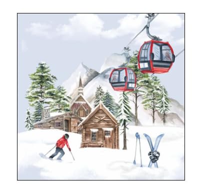 Alpine Ski Gondola Cocktail Napkins - Snowy Mountain Scene, 20 Count