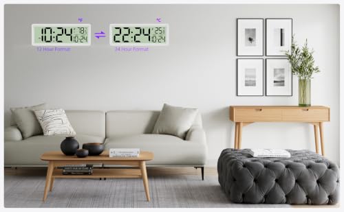 White 14-Inch Digital Wall Clock with Temperature, Date, DST - Silent, Easy Read