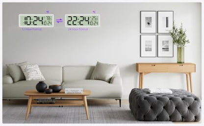 White 14-Inch Digital Wall Clock with Temperature, Date, DST - Silent, Easy Read
