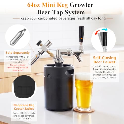 64oz Mini Beer Keg Growler Tap System with Co2 Regulator - Portable & Fresh