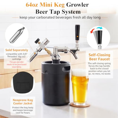 64oz Mini Beer Keg Growler Tap System with Co2 Regulator - Portable & Fresh