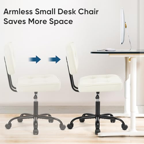 Armless Office Desk Chair with Wheels - Ivory White, 21.5"D Small Vanity Chair