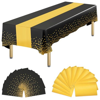 Black and Gold Disposable Plastic Table Cloth & Satin Table Runner Set - 24 Pack