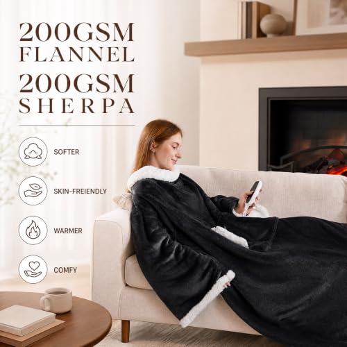 Dark Grey Wearable Heated Blanket with Foot Pockets, 52 x 72 Inches
