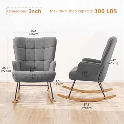 Nursery Glider Rocking Chair with Teddy Fabric & Solid Wood Base - Grey