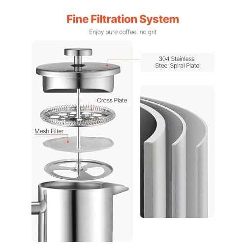 VEVOR French Press Coffee Maker, 51 Ounce 1.5 Liter Stainless Steel Coffee Press Tea Maker with Filter, Large Double Wall Insulated French Presses Cold Brew for Camping Travel Home Kitchen, Silver